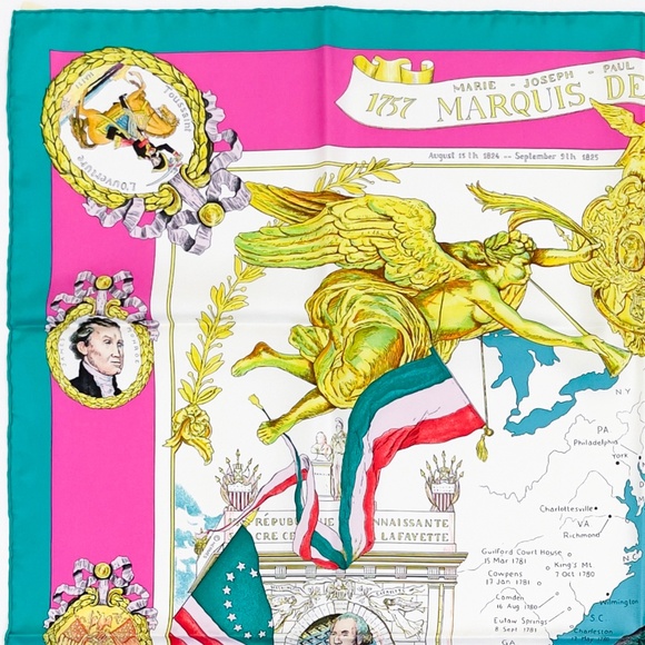 Collectible NWT Hermes Scarf Carré 90 "Marquis de Lafayette" in Turquoise/Pink - Picture 8 of 11
